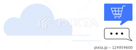 Cloud symbol with blue and black speech bubbles containing shopping cart and message icons. Ideal for e-commerce, online shopping, cloud computing, digital communication, customer support 124954600
