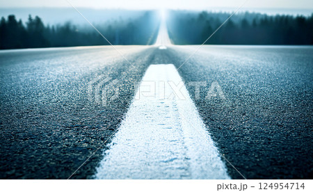 Asphalt road surface with white line, Surface grunge rough of asphalt, Dark grey with yellow line on the road and small rock, Texture Background, Top view 124954714