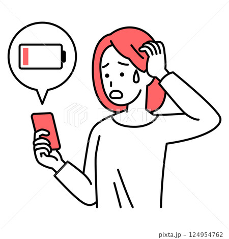 スマートフォンの充電が無くて困っているカジュアルな女性 スマートフォンの充電が無くて困っているカジュアルな女性 124954762