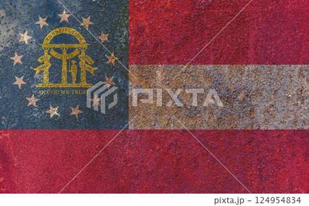 Georgia State Flag. Dirty Georgia state flag on rusty metal surface. Georgia State Flag. Dirty Georgia state flag on rusty metal surface. 124954834