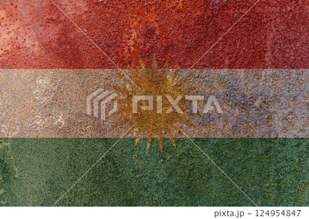 Kurdistan Flag. Dirty Kurdistan flag on rusty metal surface. Kurdistan Flag. Dirty Kurdistan flag on rusty metal surface. 124954847