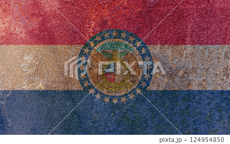 Missouri State Flag. Dirty Missouri state flag on rusty metal surface. Missouri State Flag. Dirty Missouri state flag on rusty metal surface. 124954850