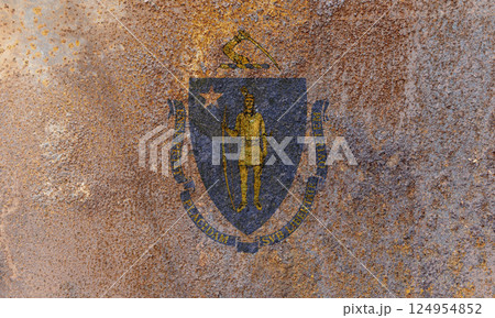 Massachusetts State Flag. Dirty Massachusetts state flag on rusty metal surface. 124954852
