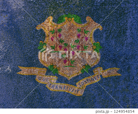 Connecticut State Flag. Dirty Connecticut state flag on rusty metal surface. 124954854