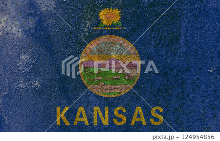 Kansas State Flag. Dirty Kansas state flag on rusty metal surface. Kansas State Flag. Dirty Kansas state flag on rusty metal surface. 124954856