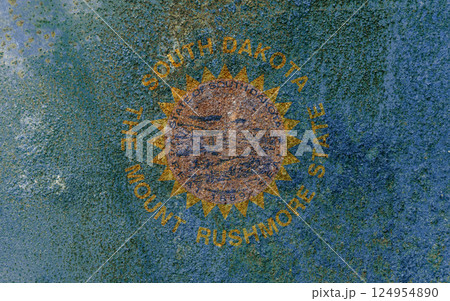 South Dakota State Flag. Dirty South Dakota state flag on rusty metal surface. South Dakota State Flag. Dirty South Dakota state flag on rusty metal surface. 124954890