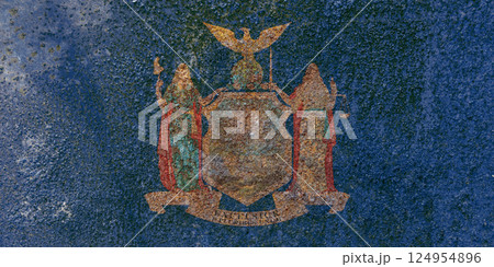 New York State Flag. Dirty New York state flag on rusty metal surface. 124954896