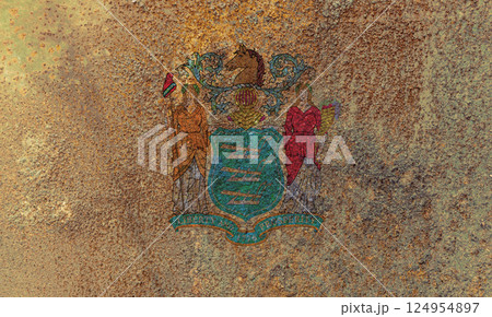 New Jersey State Flag. Dirty New Jersey state flag on rusty metal surface. New Jersey State Flag. Dirty New Jersey state flag on rusty metal surface. 124954897
