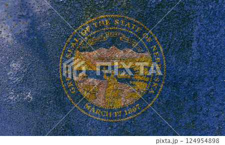 Nebraska State Flag. Dirty Nebraska state flag on rusty metal surface. 124954898