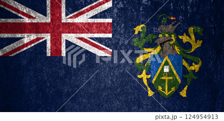 Pitcairn Islands State Flag. Dirty Pitcairn Islands flag on metal surface. 124954913