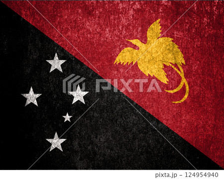 Papua New Guinea State Flag. Dirty Papua New Guinea flag on metal surface. 124954940