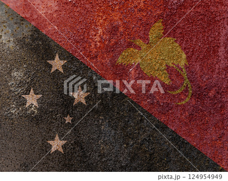 Papua New Guinea State Flag. Dirty Papua New Guinea flag on metal surface. Papua New Guinea State Flag. Dirty Papua New Guinea flag on metal surface. 124954949