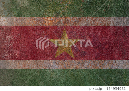 Suriname state flag on a metal surface. Dirty grunge Suriname flag. 124954981