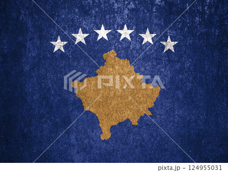 Kosovo State Flag. Dirty Kosovo flag on metal surface. 124955031