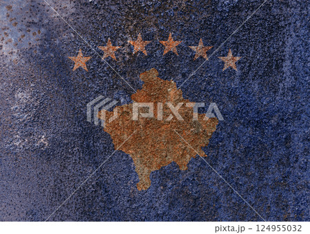 Kosovo State Flag. Dirty Kosovo flag on metal surface. 124955032