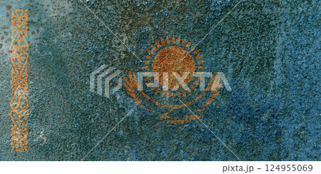 Kazakhstan State Flag. Dirty Kazakhstan flag on metal surface. Kazakhstan State Flag. Dirty Kazakhstan flag on metal surface. 124955069