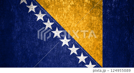 Bosnia and Herzegovina State Flag. Dirty Bosnia and Herzegovina flag on metal surface. Bosnia and Herzegovina State Flag. Dirty Bosnia and Herzegovina flag on metal surface. 124955089