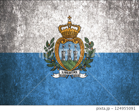 San Marino State Flag. Dirty San Marino flag on metal surface. San Marino State Flag. Dirty San Marino flag on metal surface. 124955091