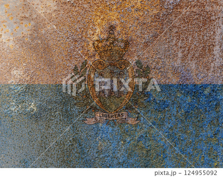 San Marino State Flag. Dirty San Marino flag on metal surface. San Marino State Flag. Dirty San Marino flag on metal surface. 124955092