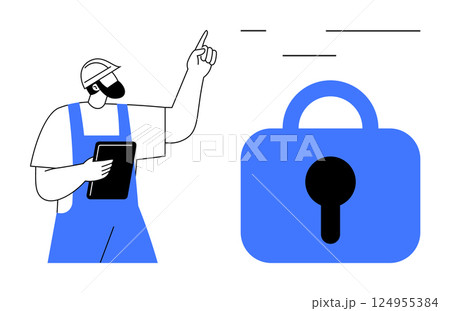 A construction worker with a beard, hard hat, and blue overalls holding a digital tablet points upwards beside a large blue security lock. Ideal for security, construction, safety, technology, data 124955384