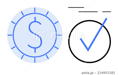 Dollar sign coin in light blue next to a black and blue checkmark. Ideal for financial approval, success, validation, banking, economic growth, investments, and business goals. Banner for landing 124955385