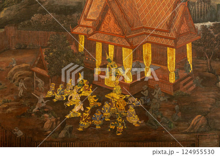 Mural painting at Wat Phra Kaew, depicting scene from Ramakien or Ramayana epic in traditional Thai artistic style Mural painting at Wat Phra Kaew, depicting scene from Ramakien or Ramayana epic in traditional Thai artistic style 124955530