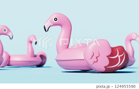 Inflatable Flamingo Tube on Blue Background. 3D Rendering 124955590