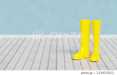 Yellow Rain Boots in Room. 3D Rendering 124955612