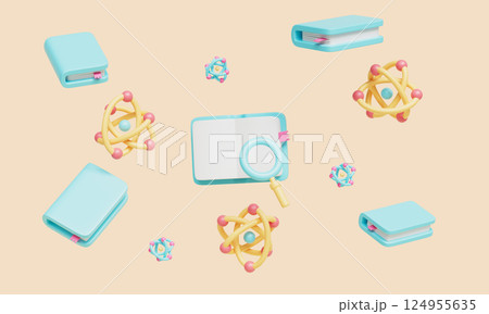 Atom Science Book and Magnifying Glass Icon. 3D Rendering 124955635
