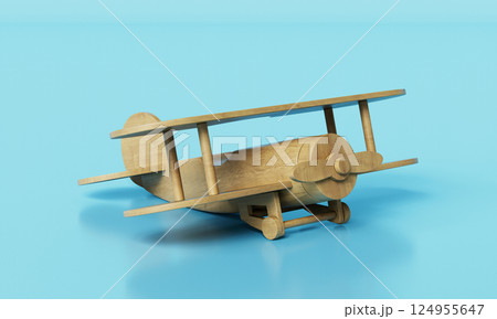 Wood Airplane Toy on Blue Background. 3D Rendering Wood Airplane Toy on Blue Background. 3D Rendering 124955647