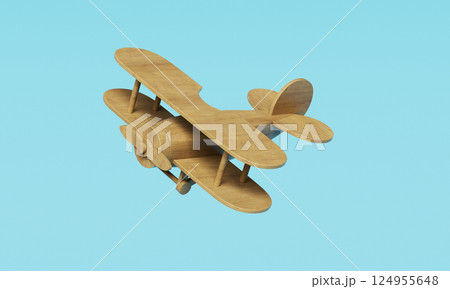 Wood Airplane Toy on Blue Background. 3D Rendering 124955648