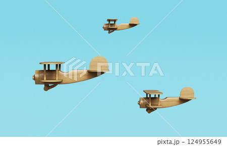 Wood Airplane Toy on Blue Background. 3D Rendering Wood Airplane Toy on Blue Background. 3D Rendering 124955649