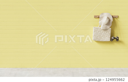 Straw Hat, Fabric Tote Bag and Binoculars on the Yellow Wood Wall. 3D Rendering 124955662