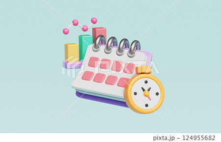 Business Chart Graph Calendar and Stop Watch Icon. 3D Rendering Business Chart Graph Calendar and Stop Watch Icon. 3D Rendering 124955682
