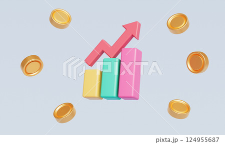 Business Arrow Chart Graph and Gold Coins Icon. 3D Rendering 124955687