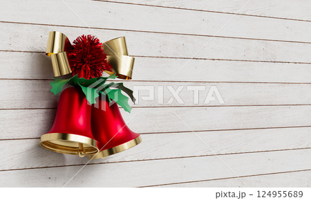 Christmas Bell Decoration on White Wood Wall. 3D Rendering. Christmas Bell Decoration on White Wood Wall. 3D Rendering. 124955689