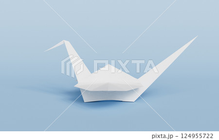 Paper Crane Bird and Blue Background. 3D Rendering. 124955722