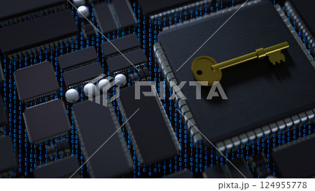 The Gold key on Mother Board for security technology concept 3d Rendering. 124955778