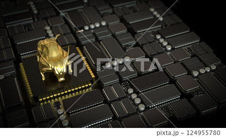 The Gold Bull on mother board for Business or Technology concept 3d Rendering. 124955780