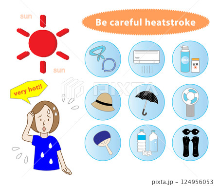 熱中症対策グッズセットのイラスト 線あり 熱中症対策グッズセットのイラスト 線あり 124956053