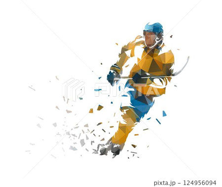 Ice hockey player, isolated low poly vector illustration with distortion effect, front view. Winter team sports, ice hockey 124956094