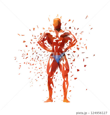 Bodybuilding, posing bodybuilder, isolated low poly vector illustration with dispersion effect. Sports clip art 124956127