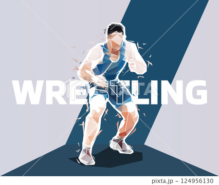 Wrestling design, strong wrestler. Greco roman sports, low poly vector illustration 124956130