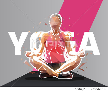 Yoga design, low polygonal personal trainer. Sports background, banner with fitness woman Yoga design, low polygonal personal trainer. Sports background, banner with fitness woman 124956135