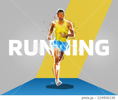 Running background. Marathon runner, african american ethnicity, running graphic design, low polygonal illustration. Sports web banner, healthy lifestyle Running background. Marathon runner, african american ethnicity, running graphic design, low polygonal illustration. Sports web banner, healthy lifestyle 124956136