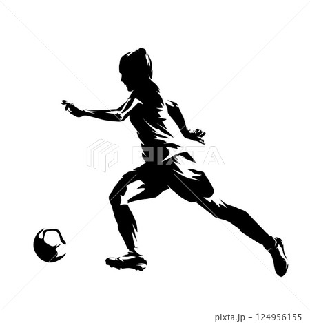 Woman playing soccer, female football player running with ball, isolated vector silhouette, side view Woman playing soccer, female football player running with ball, isolated vector silhouette, side view 124956155
