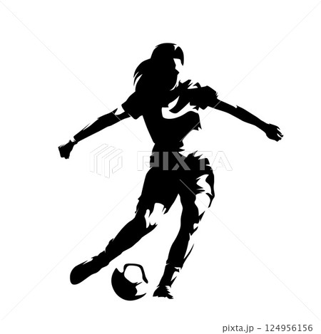 Soccer women, female football player kicking ball, isolated vector silhouette, high contrast illustration, front view 124956156