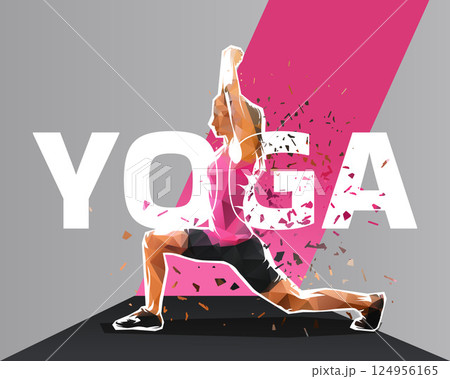 Yoga graphic design, low polygonal personal trainer. Sports banner with fitness woman 124956165