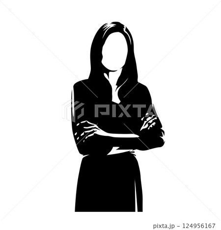 Business woman standing with folded arms, front view, isolated vector silhouette. High contrast illustration 124956167