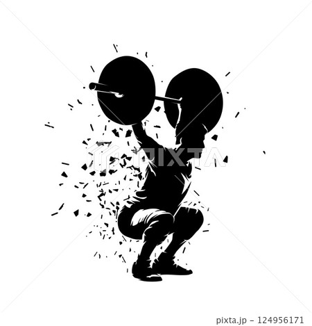 Weightlifting, man in gym, workout. Isolated vector silhouette with distortion effect; high contrast illustration 124956171